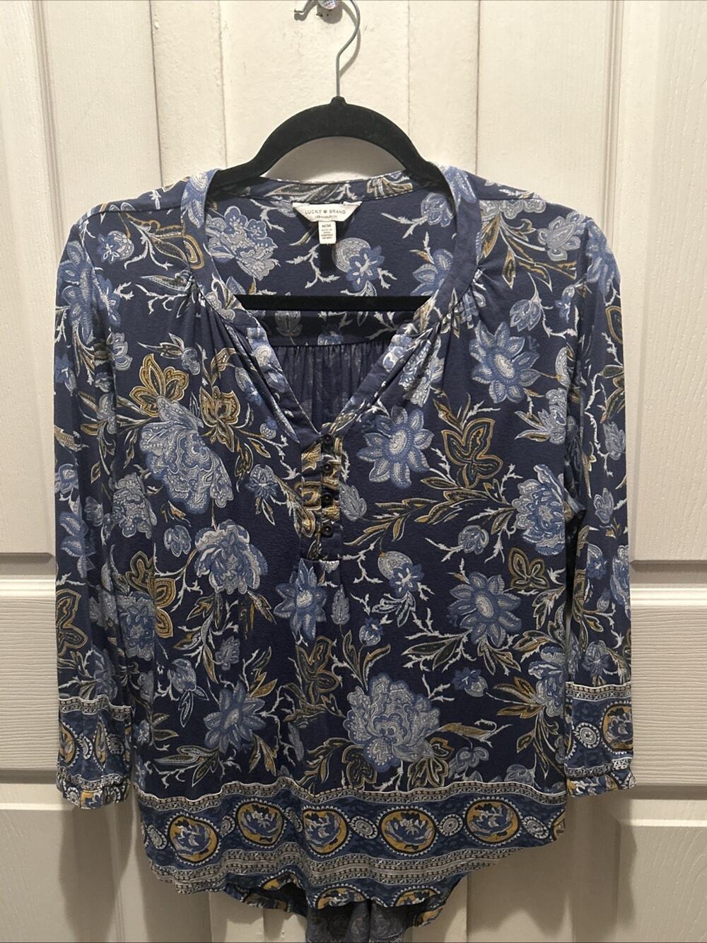 Lucky Brand Medium Floral Henley Blue & Gold Viscose Knit Tunic Top